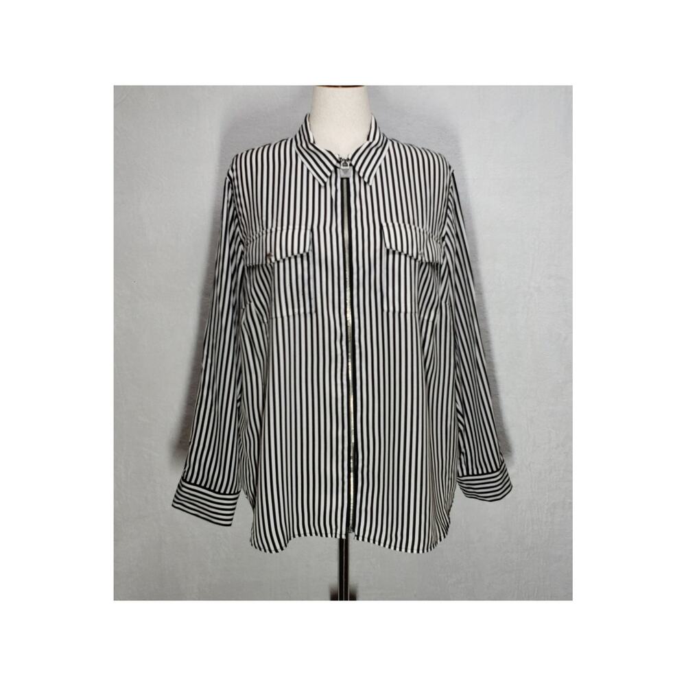 Michael Kors Womens 2X Vertical Stripe Zip Blouse NWT Black White Officecore Top